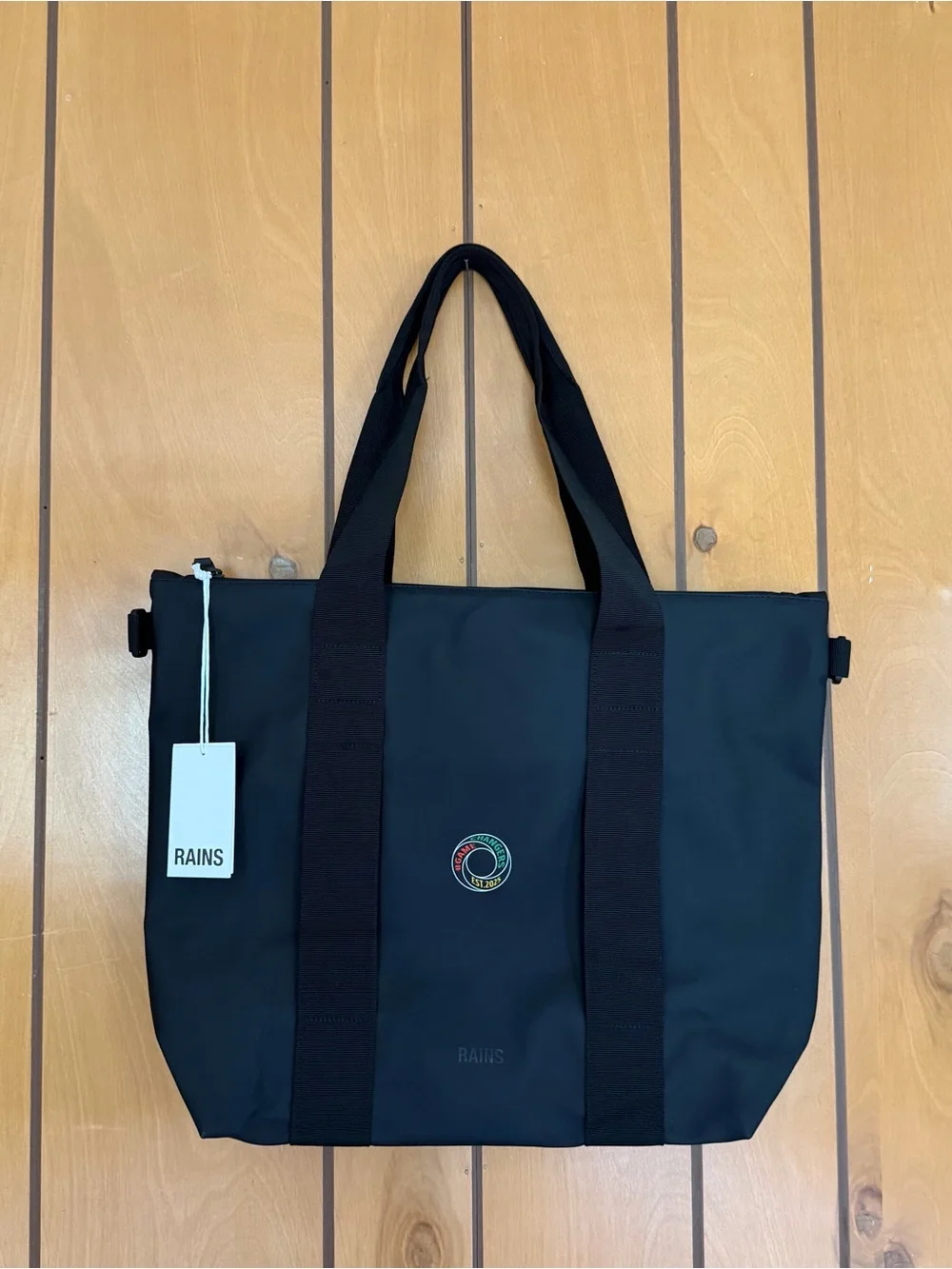 NWT Rains Black Tote Bag Mini W3 with Multicolor Logo Patch